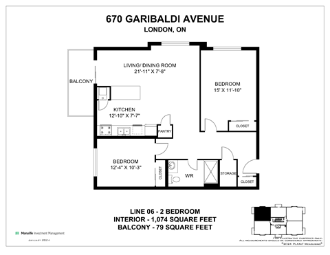 A floor plan for a property at 670 Garibaldi Avenue in London, Ontario, showing the layout of the living/dining room, bedrooms, kitchen, and storage areas.
